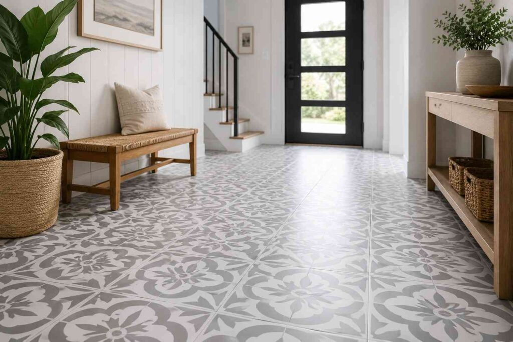 Modern Adelaide home entryway with decorative tiled floor, natural light, and contemporary furnishings.