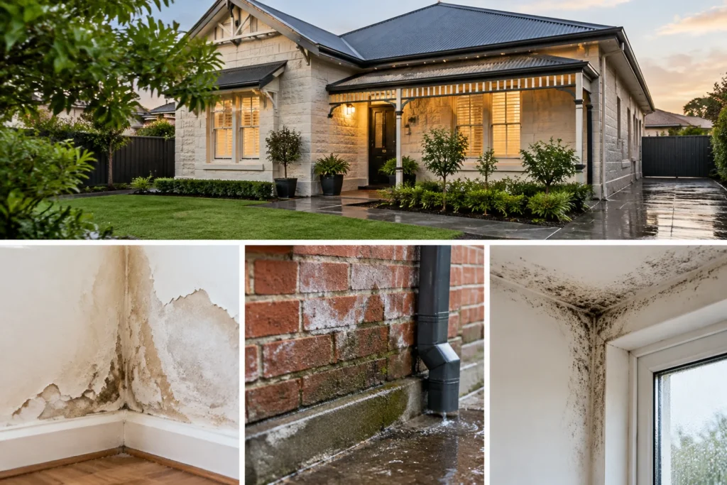 A suburban house showing signs of moisture problems with damp walls, peeling plaster, wet brickwork, and mould caused by water damage