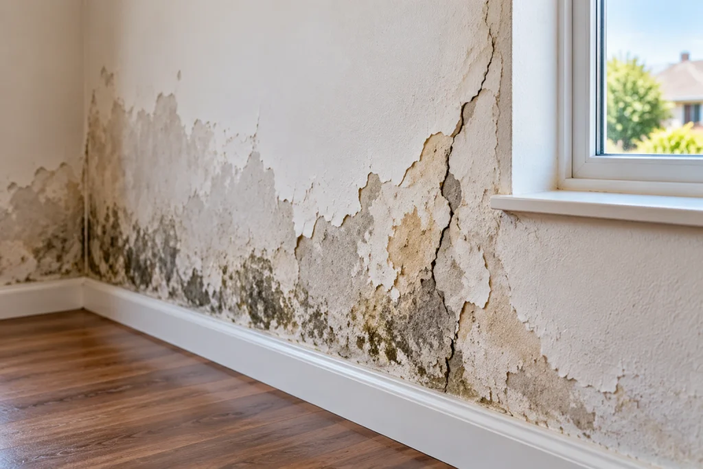 Cracked exterior wall with damp stains, peeling paint, and mould damage on an Adelaide home