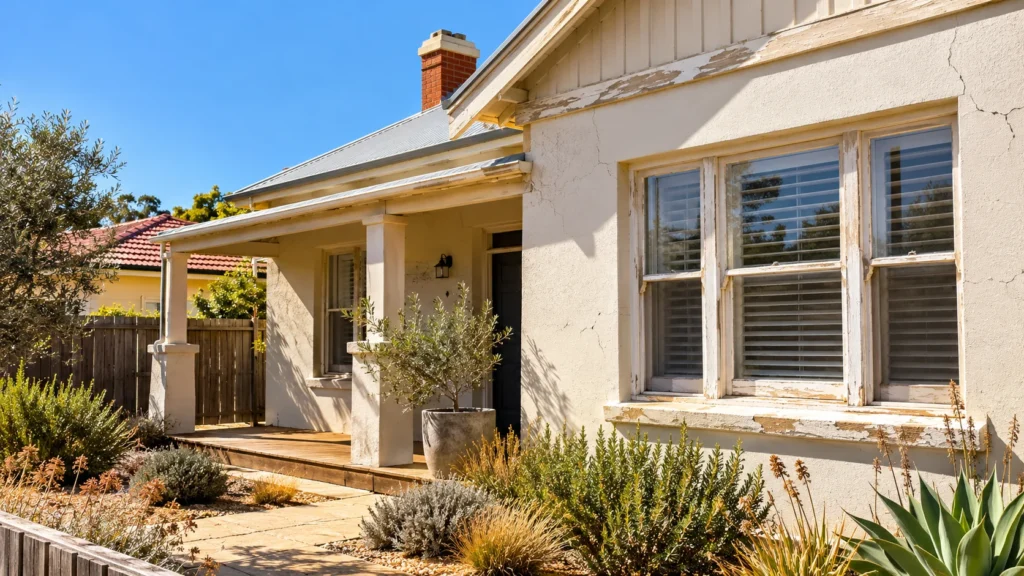 Weathered Adelaide house exterior under strong summer sunlight showing faded paint, wall cracks, and heat damage signs.