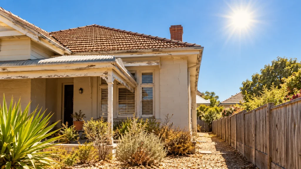 Sunlit Adelaide home exterior with peeling paint, cracked walls, and dry landscaping showing signs of summer heat damage.