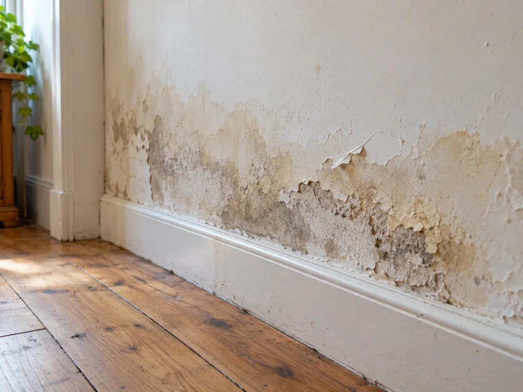 Damp interior wall with peeling paint, water stains, and damaged plaster caused by moisture problems